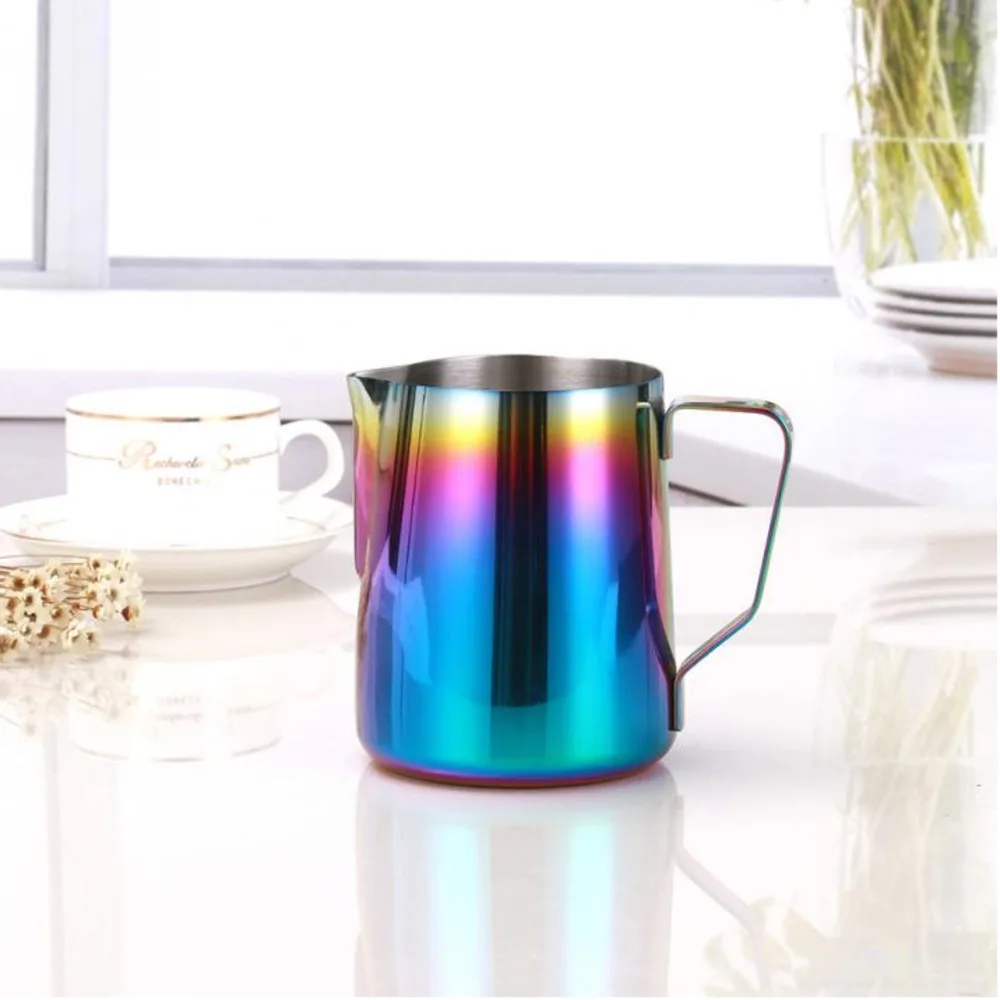 

Rainbow Frothing Stainless Steel Handle Ear Cup Milk Jug 350ml / 600ml Pitcher Pull Flower Colorful Surface Coffee Jug Milk