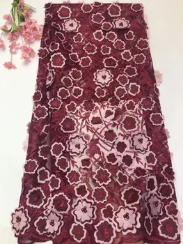 

RED African Lace Fabric High Quality Nigerian French Swiss voile With Beads Mesh Lace Fabrics 5 Yards For Wedding Dress A1197