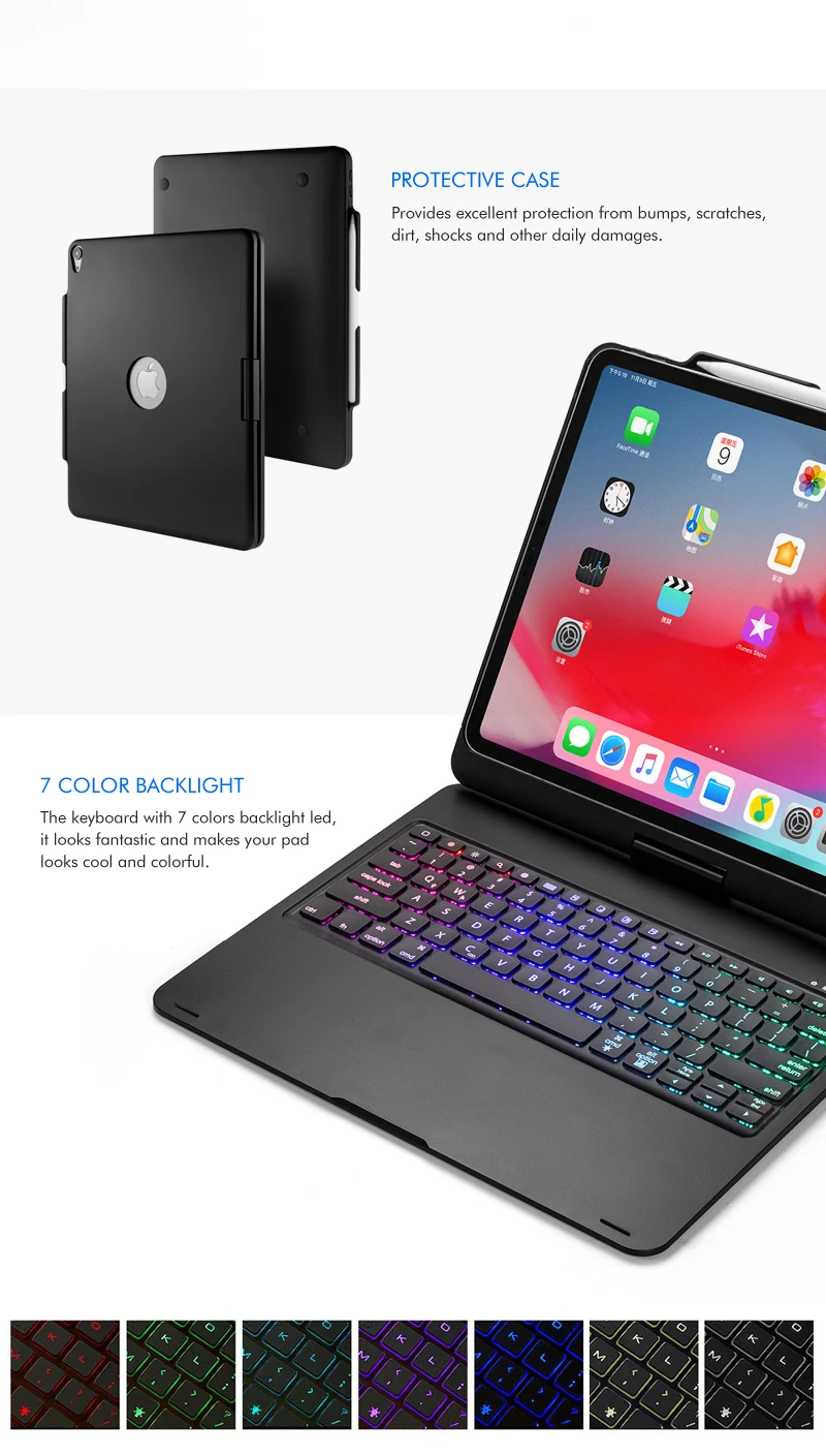 [Новое] Bluetooth клавиатура чехол для Apple iPad Pro 12,"(), 360 вращение и 7-Цвет с подсветкой, на застежке, чехол, жесткий Беспроводной клавиатура