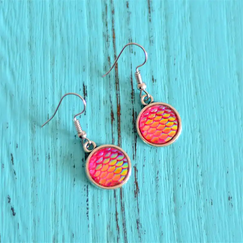 Ручной работы Drusy Смола Круглые бусы серьги Русалка рыбья чешуя Pattern моды Мода
