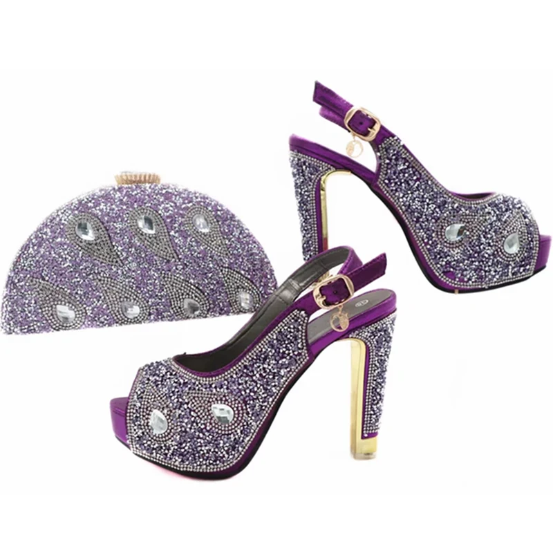 New Arrival Purple Color African Shoe and Bag Set High Heel Italian