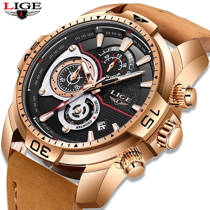

New LIGE Mens Watches Top Brand Luxury Men's Military Sports Watch Men's Leather Waterproof Watch Quartz Clock Horloges Mannen