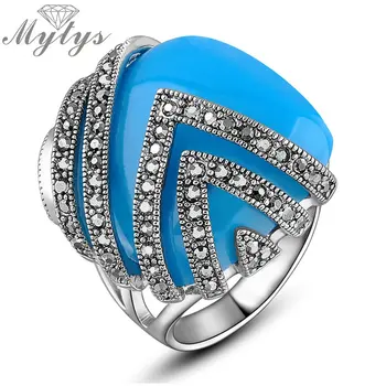 

Mytys Blue Rectangle Resin Ring Cluster Marcasite Crystal Women's Gift R1019