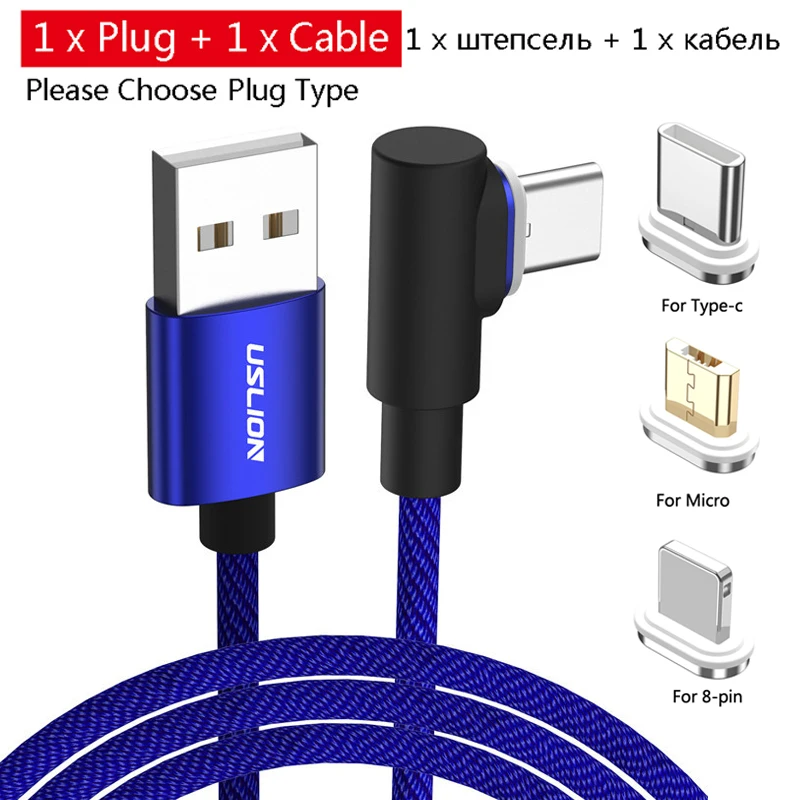 USLION 90 градусов магнитное зарядное устройство Micro USB кабель Быстрая зарядка usb type C кабель для samsung/Xiaomi/iPhone Android Phone 3A - Цвет: Синий