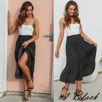

Women Skirts Polka Dot Chiffon Vintage Long Skirt Ruffles Beach Casual Women Clothes Summer Fashion