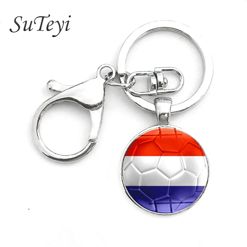 

SUTEYI Netherlands Kazakhstan Flags Key Chain Korea Guyana Flags Glass Cabochon Key Ring For Soccer Fans Mens Keychain Jewelry