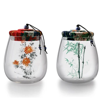 

Elegant Handpainted Retro Artistic Glass Tea Can Cloth Covered Cork Lid Food Storage Nuts Jar Goods Puerh tea Caddy