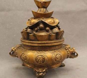 

zm 9" Chinese Dynasty Copper Treasure Bowl Elephant Handle Incense Burner Censer