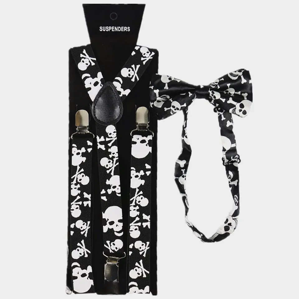 

Vintage Black White 2.5cm Wide Hallowmas Skull Suspenders Clip-on Braces Bow Tie Elastic Y-back Suspenders For Men Womens