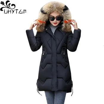 

UHYTGF Winter Jacket Womens Long Down Jacket Warm Coat Fur collar Hooded Thicken Parker Cotton Outerwear ladies Slim Plus size 7