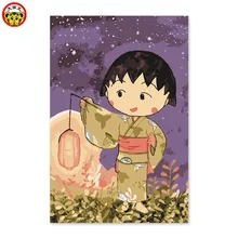 Картина по номерам художественная краска по номерам Chibi Maruko-chan маленькая девочка ношение японское кимоно звездное небо и фонарь