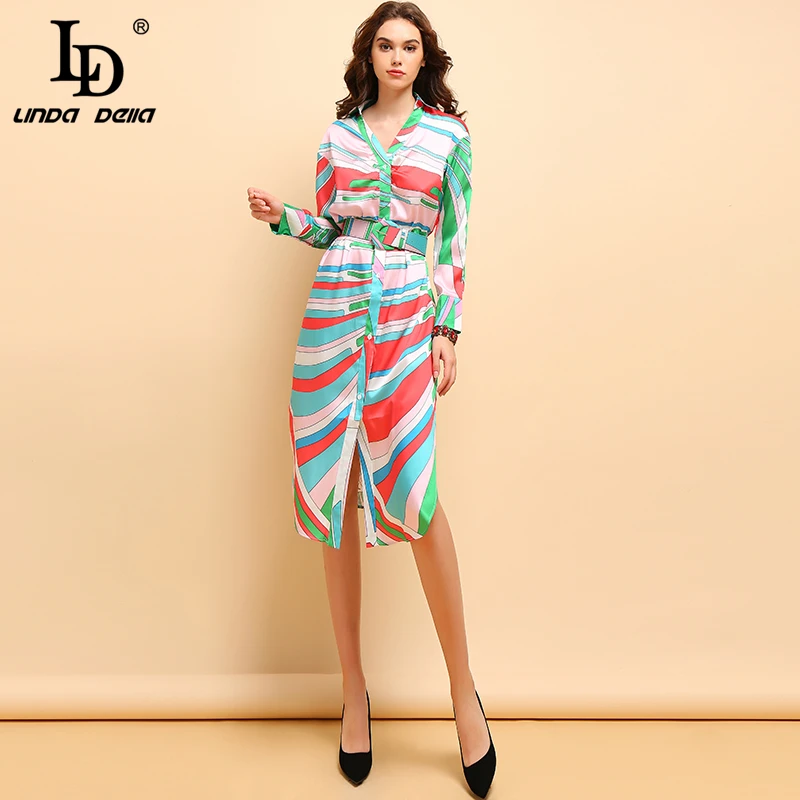 

LD LINDA DELLA Fashion Summer Dress 5XL Plus Size Women's Long Sleeve Multicolor Striped Printed Side Split Casual Party Dresses