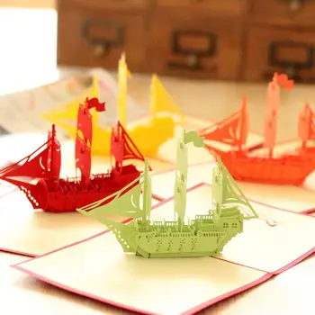 

Creative 3D Paper Pop Up Sailboat Vintage Graduation Birthday Greeting Card Gift Wishes Postcards Crafts with Envelope 3pcs/lot