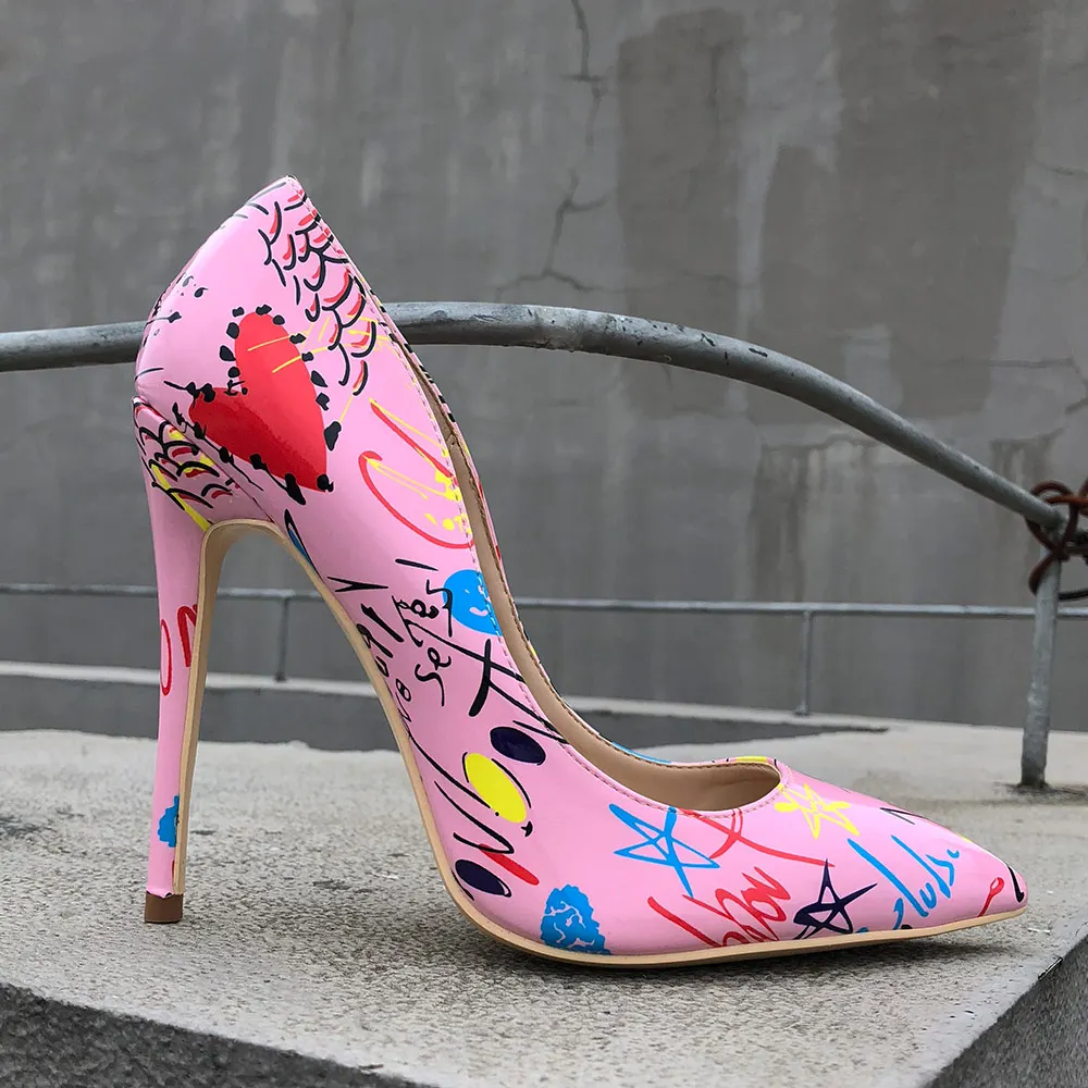 Veowalk/пикантные женские туфли на высоком каблуке-шпильке с художественным принтом граффити; розовые женские вечерние туфли-лодочки с острым носком; цвет на заказ