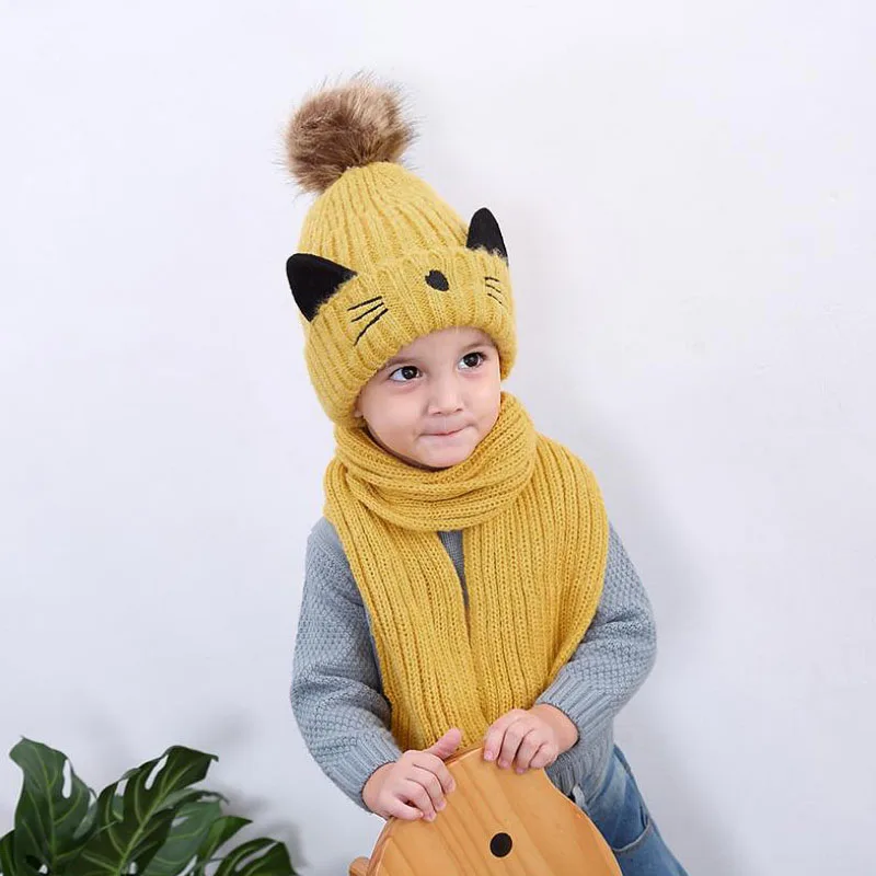 Cartoon cat hairball beanies sets velvet wool kids Child Knitted fur hats winter fur inside 2 pcs baby girl scarf hat set