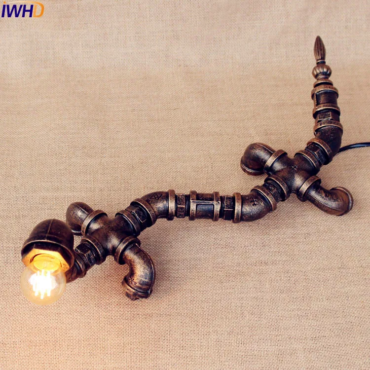 

IWHD Industrial Vintage Table Lamp Creative Water Pipe Beside Desk Lamp LED E27 Decorative Lampara De Mesa