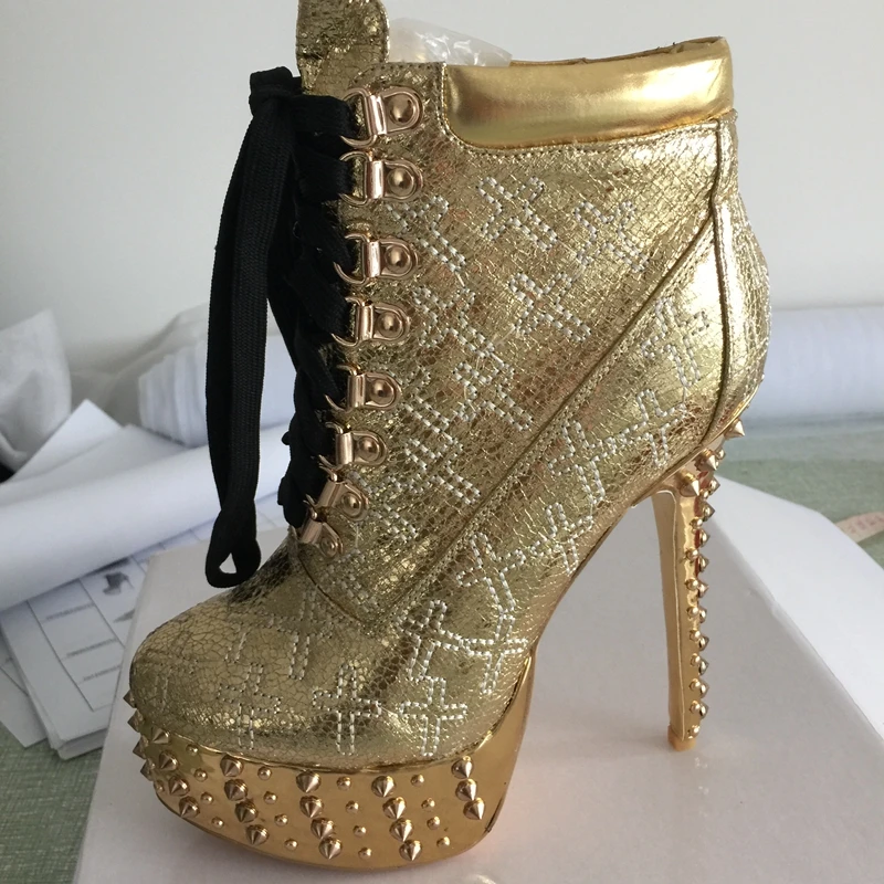 Gold Rivet Platform Winter Women Boots Ankle High Heels Short Plush Inside Womens Boots Size 13 Heels High Ankle Booties