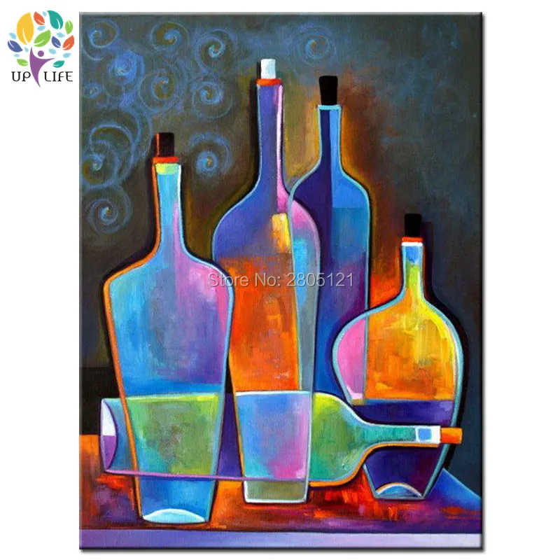 hand painted modern still life painting coloring bright wine bottles canvas picture dining room decoration wall art | Дом и сад