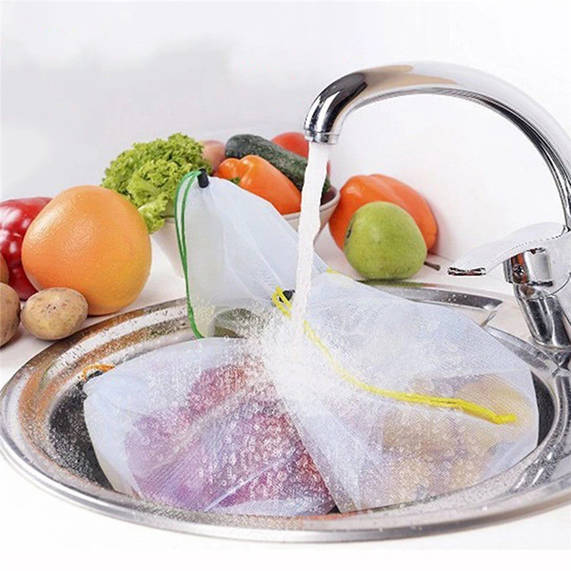 

5pcs/lot Reusable Mesh Produce Bags Vegetable Fruit Toys Storage Pouch Black Rope Double-Stitched Grocery Organizer Bag Handbag