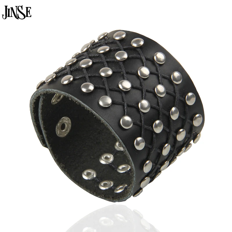 

JINSE New Fashion Casual Punk Style Rivet Leather Bracelets Bangles Black Brown White PSL288