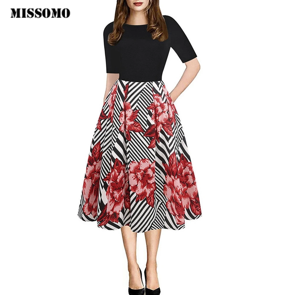 

MISSOMO Elegant Dresses Women Vintage A-line Floral Vintage Print Evening Party Vestidos Dress Half Sleeve Dance Swing Dress