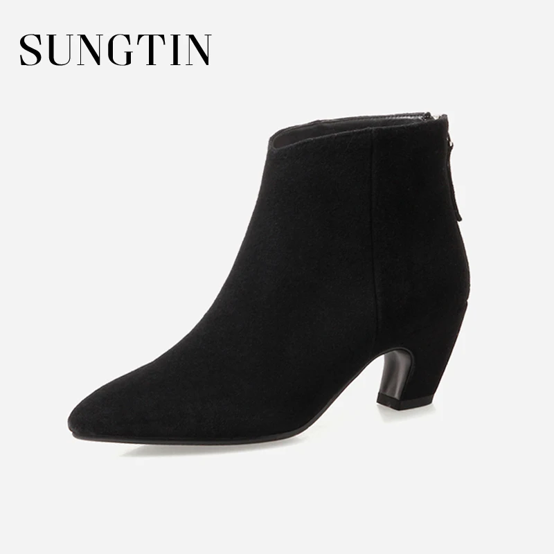 Sungtin High Quality Suede Kitten Heels Ankle Boots Women Classic Basic