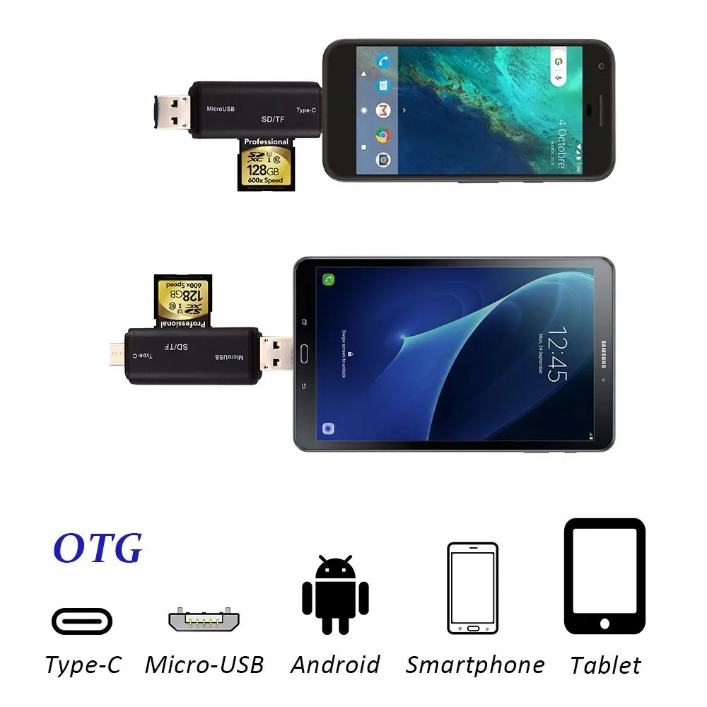 Кардридер Leadzoe 3 в 1 USB, Micro USB, кардридер типа C с кардридером SD/TF/Micro SD