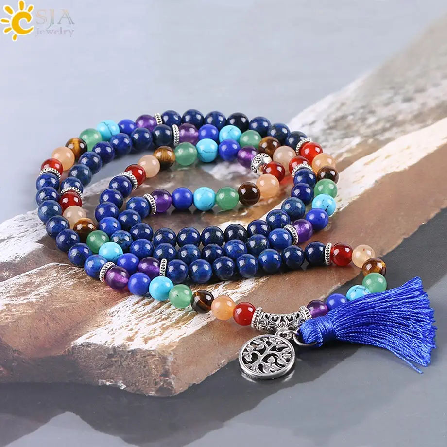 CSJA 7 Chakra Multilayer Charms Bracelets Jewelry Lapis Lazuli 108 Mala Prayer Beads Reiki Healing Yoga Meditation Power 5 5