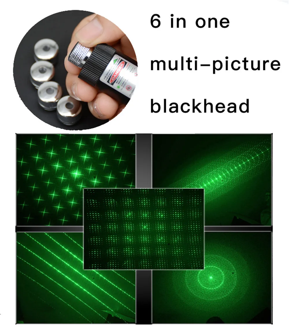 10000 м гаджет для использования на открытом воздухе Горящий зеленый лазер 532нм 5 мВт зеленый лазерный прицел лазеры регулируемый фокус мощный лазер сжигание лазер - Цвет: 6 in one blackhead