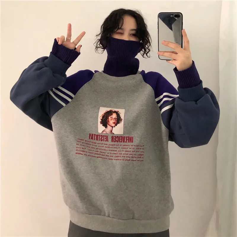 Hoodie Sweatshirt Women Winter Oversize Tops Fashion Pattern Printed Sweatshirt Autumn Turtleneck Outerwear Warm Pullover