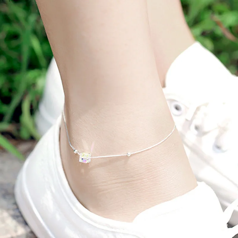 Настоящий чистый сплошной 925 пробы Серебряный ножной браслет для женщин ювелирные изделия кристалл женский браслет на ногу цепь cheville пляжная бижутерия