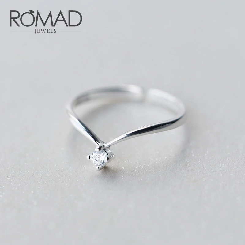 

ROMAD 925 Sterling Silver Ring Opening V Shape CZ Ring Korea Fashion Jewelry Party Finger Rings Best Gift For Girl's R4