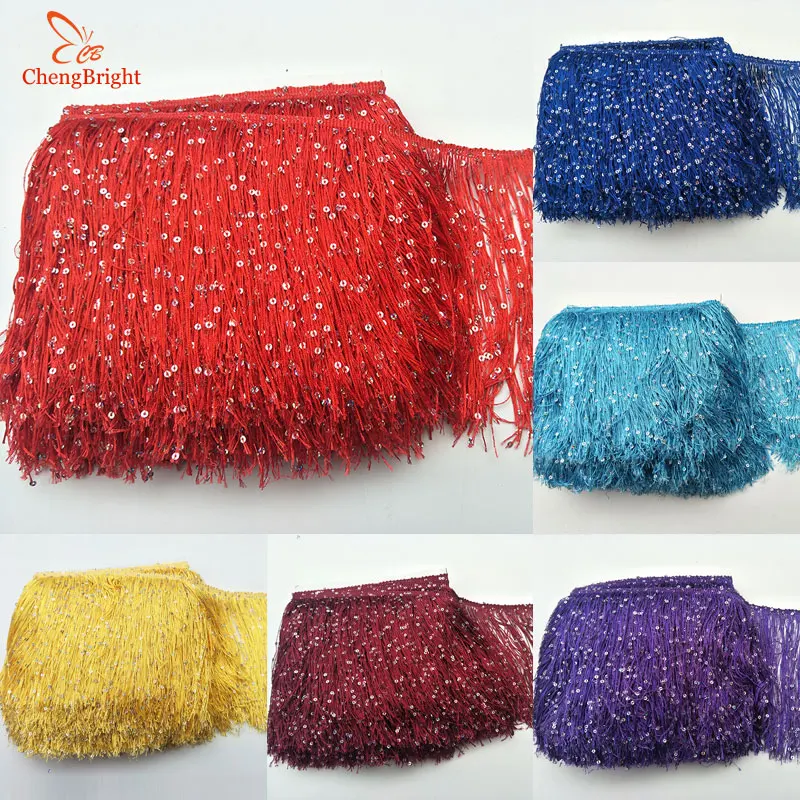 CHENGBRIGHT 10 Yard 20CM Long Polyester Sequins Tassel Fringe Lace Trim Ribbon Sew Latin Dress Stage Garment Curtain Accessories