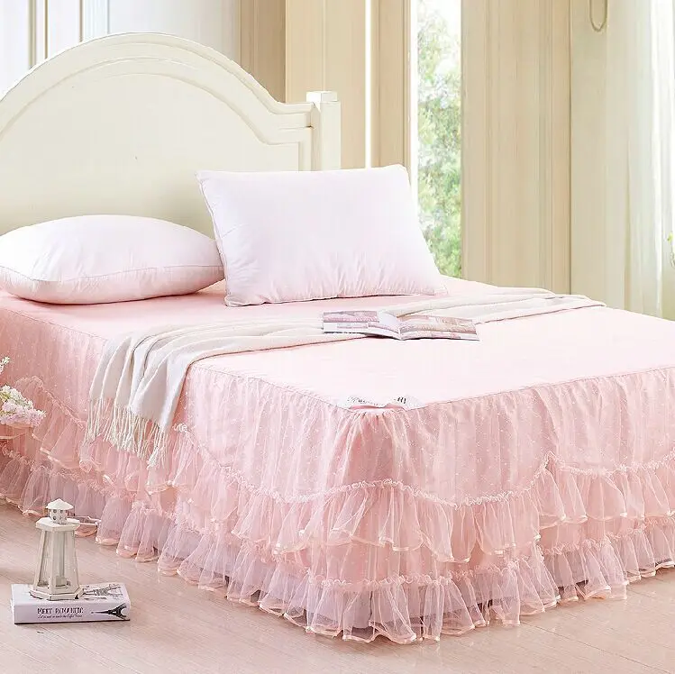 Lace bed skirt queen bed skirt for bedding set PINK/BEIGE jacquard bed