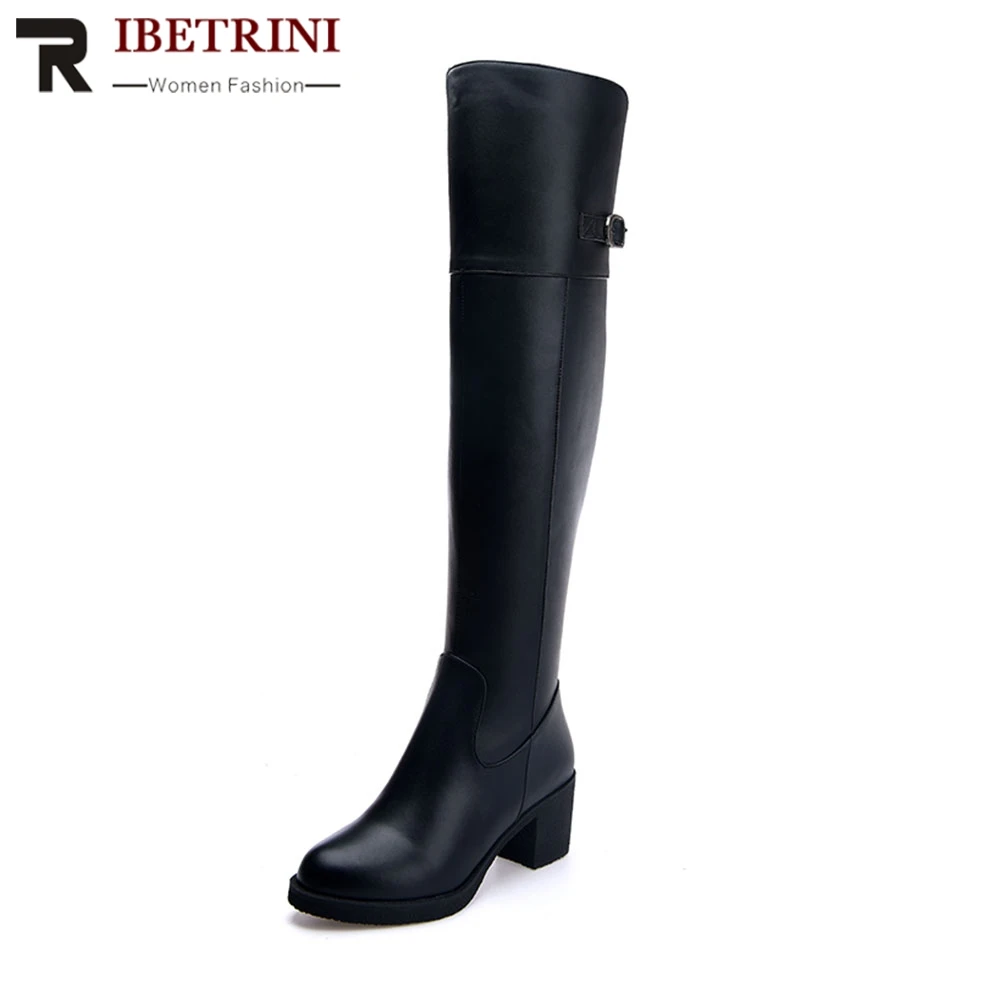 

RIBETRINI 2019 Winter New European Style Genuine Leather Thick High Heel Platform Shoes Woman Zipper Closure Over Knee Boots