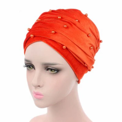 Новое поступление бархатный мусульманский платок с рюшами хиджаб элегантный Одноцветный жемчуг тюрбан мягкие удобные шапочки головной убор мать шляпа - Цвет: Orange