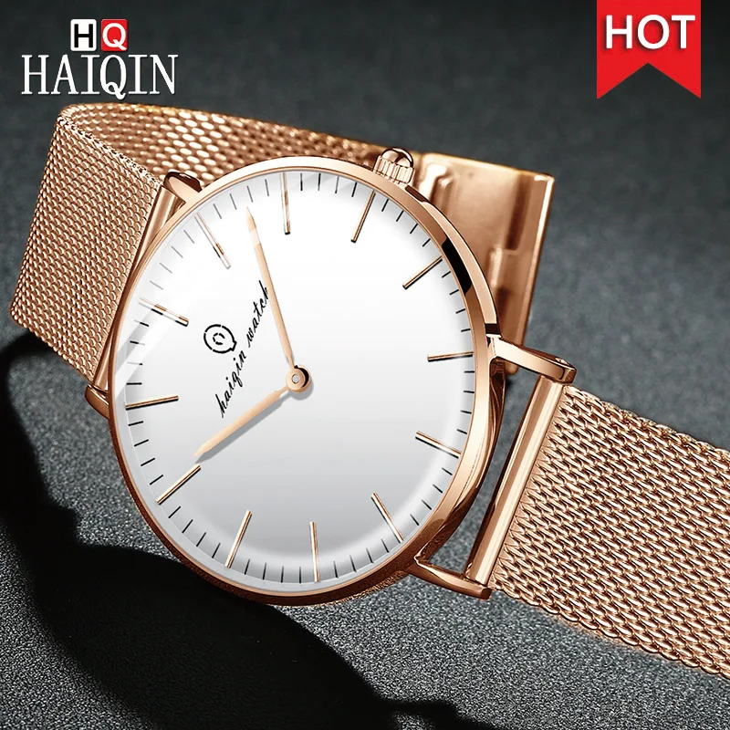 BEST QUALITY  HAIQIN Women Simple Round Dial Quartz Watch Fashion Couple Stainless Steel Mesh Waterproof Wristwat