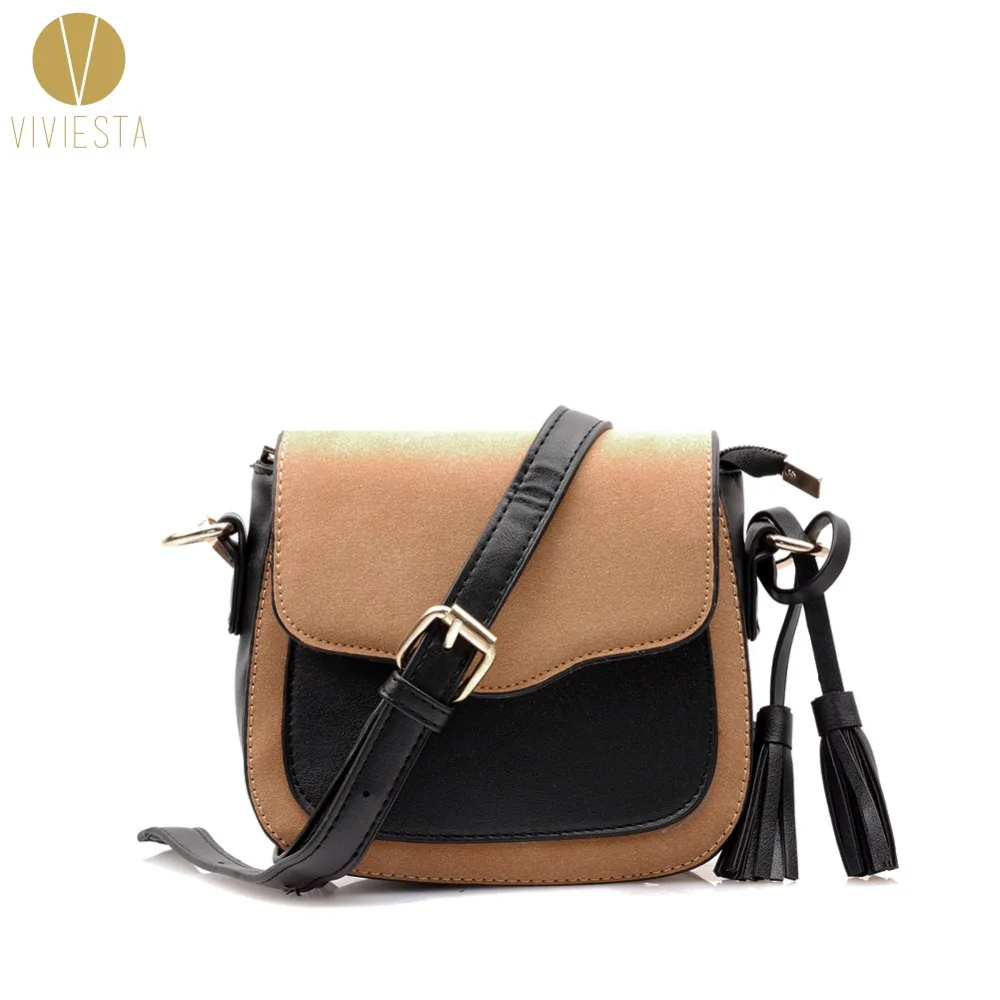 

BI-TONE TASSEL VINTAGE SADDLE BAG - Women's Winter Fashion PU Suede Leather Contrast Color Block Shoulder Crossbody Bag Handbag