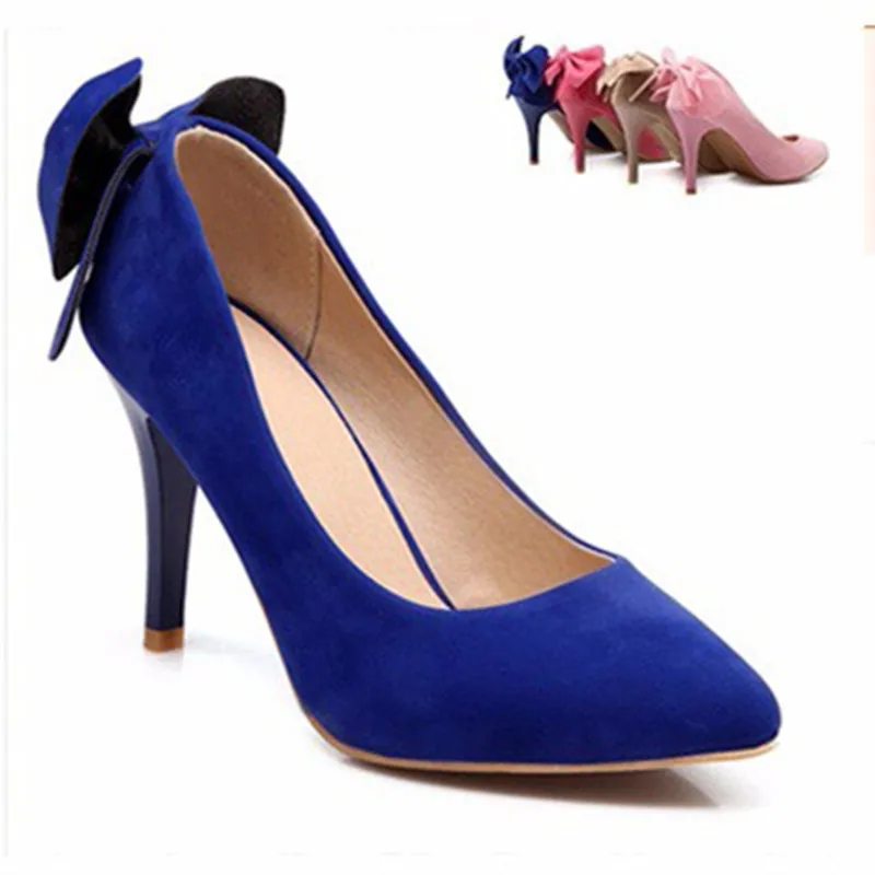 

High quality Lady Plus size 12 Butterfly-knot Pointed toe Brazil Suede Soft leather 3" high heels Single shoes Women pumps Party