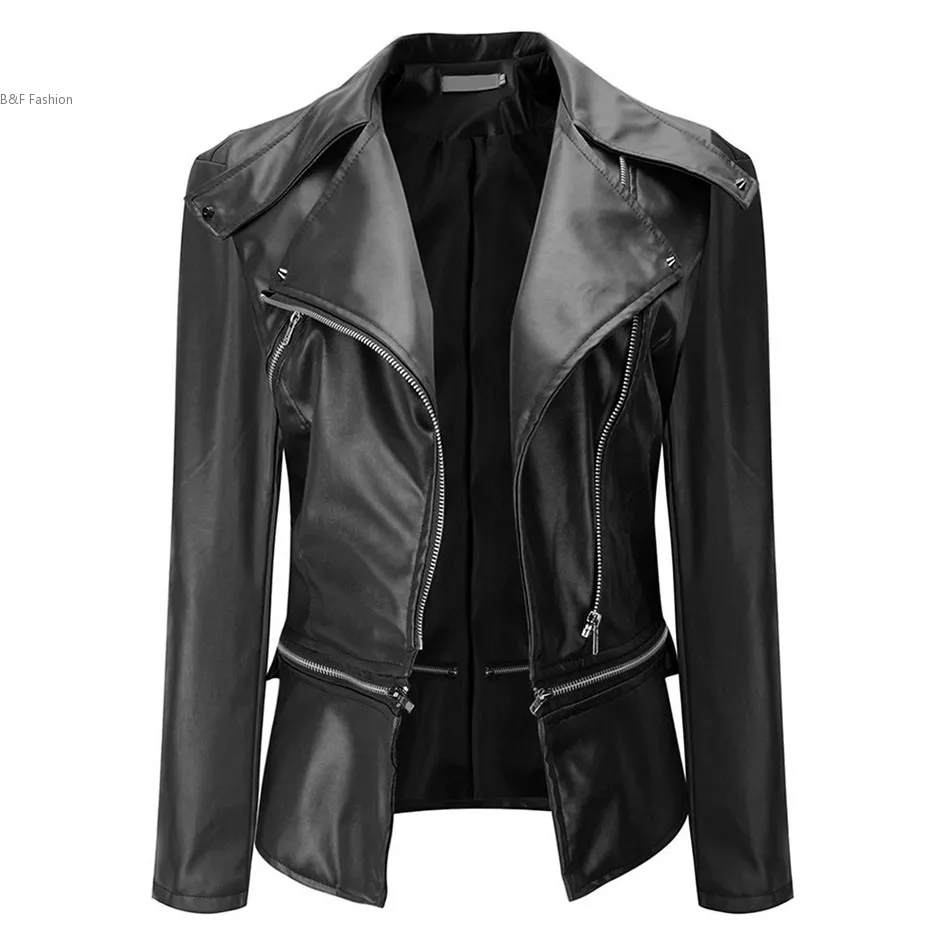 

New Fashion Women Slim Biker Motorcycle Soft Synthetic Leather Zipper Jacket Coat