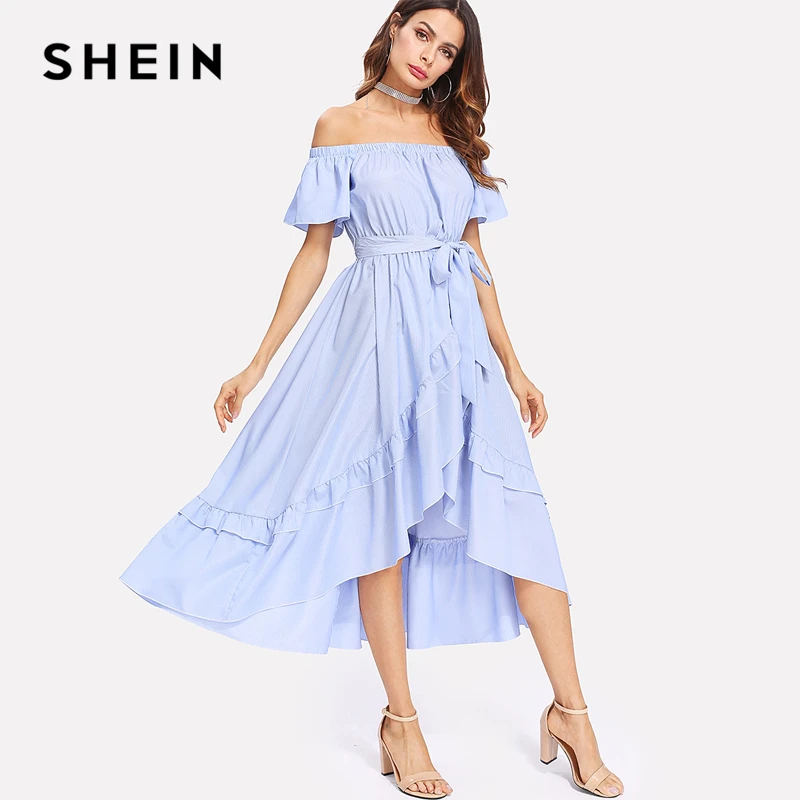 SHEIN Ruffle Trim Overlap Hem Striped Bardot Dress 2018 Summer Long