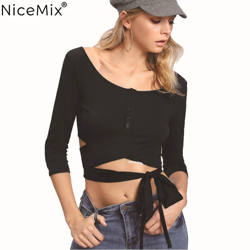 

NiceMix Sexy Crop Top Women Slim Cotton Tops Women 2019 Summer Plus Size T Shirt Female Bandage Crossed Cropped T-shirts