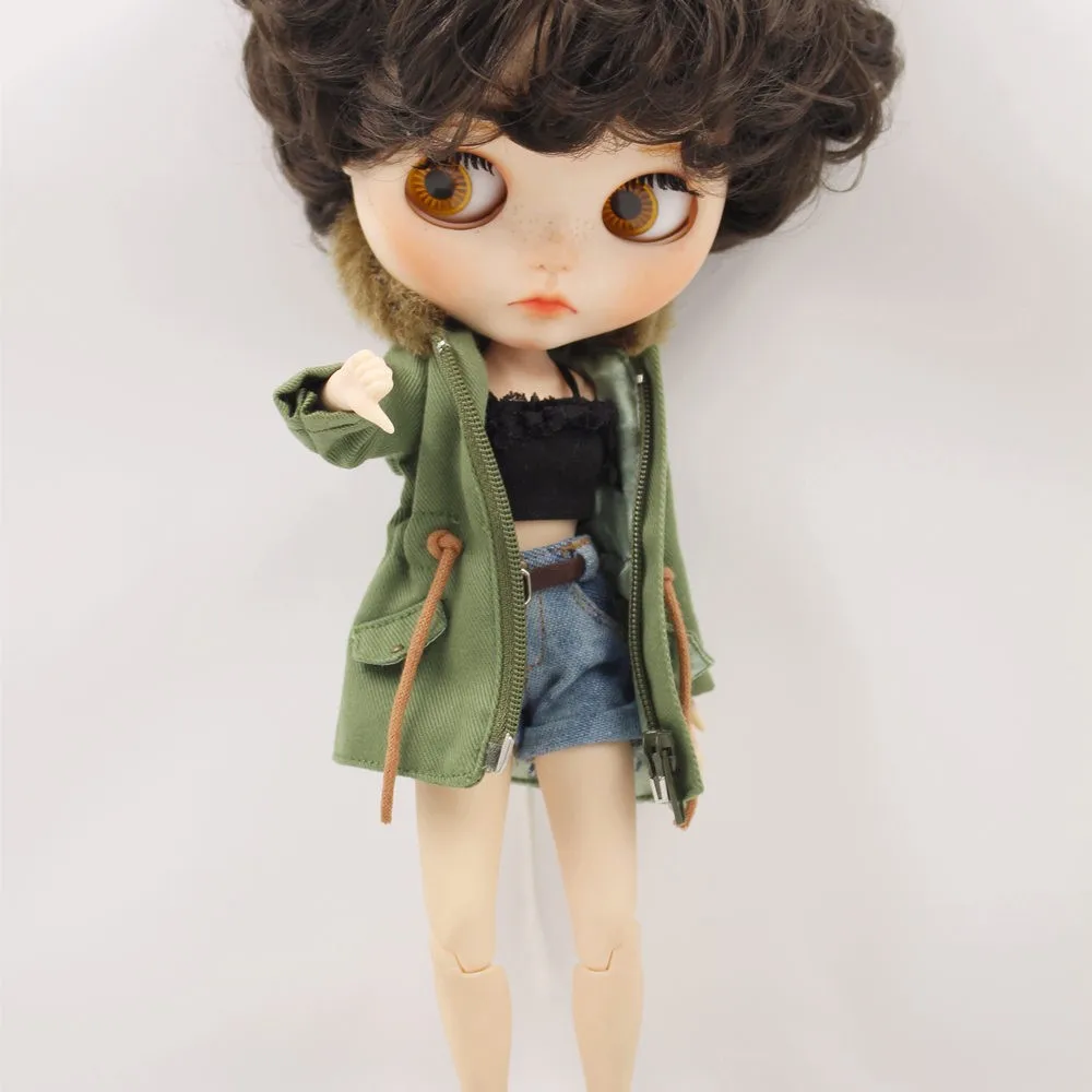 Neo Blythe Doll Denim Shorts Black Lace Bra with Green Army Jacket 4