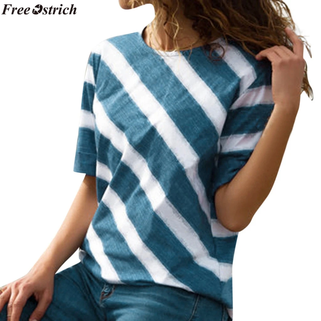 

FREE OSTRICH female slim O-neck short-sleeved T-shirt blue white striped print Ladies casual basic T-shirt tops summer plus size