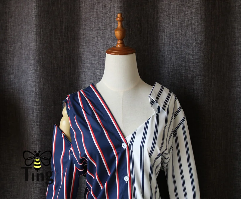 Tingfly mujeres Primavera de hombro rayas camisa sexy agujero manga larga Mujer blusa Top azul de la vendimia blusas ropa mujer Tingfly mujeres Primavera de hombro rayas camisa sexy agujero manga larga Mujer blusa Top azul de la vendimia blusas ropa mujer
