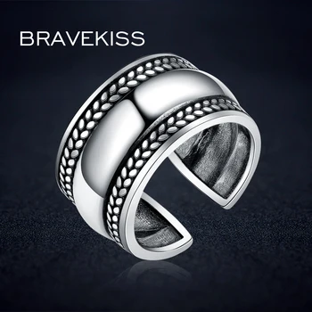 

BRAVEKISS Antique Silver Open Adjustable Rings Plant Leaves Wide Ring Band Women Men Party Rings 925 Finger Jewelry BLR0318