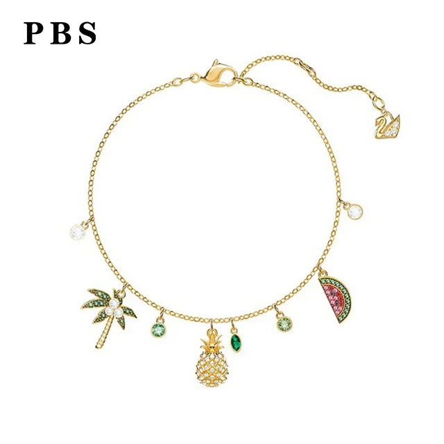 

PBS Original Copy High Quality 1:1 SWA Coconut Tree Pineapple Watermelon Pendant Gold Bracelet With Logo Free Mail