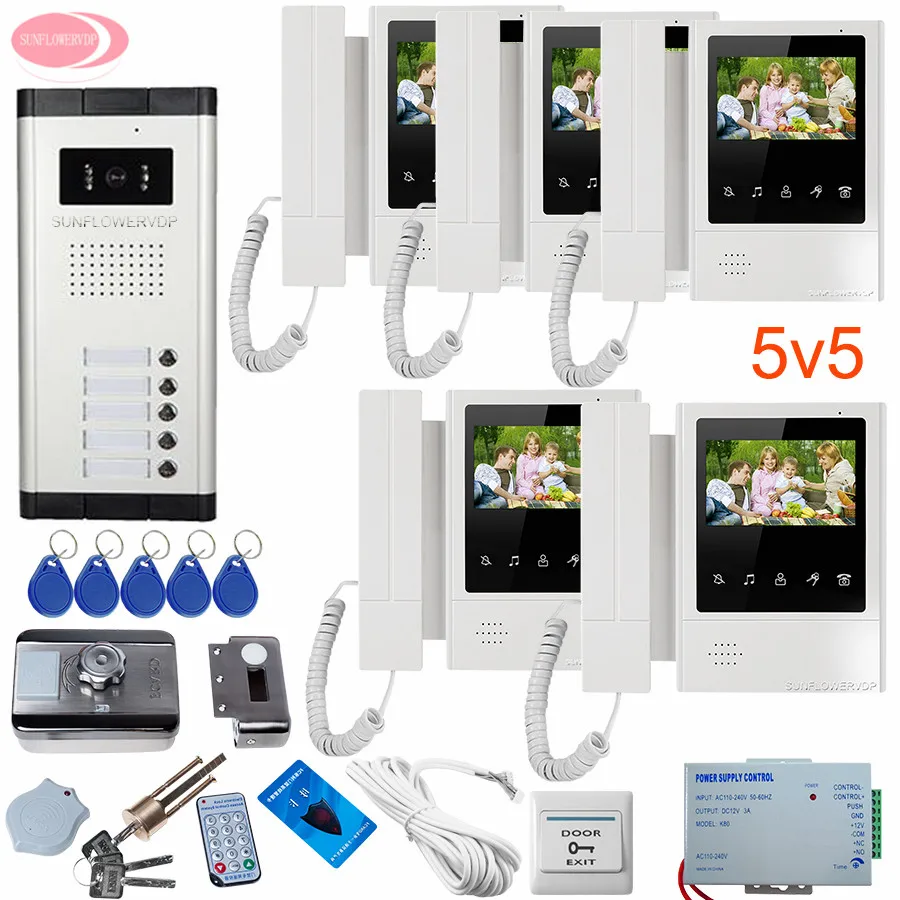 4.3 '' Videophone 5 Villas Video Intercom For a Private House Video Intercom + Rfid Door Lock Door Bell Intercom System Monitors