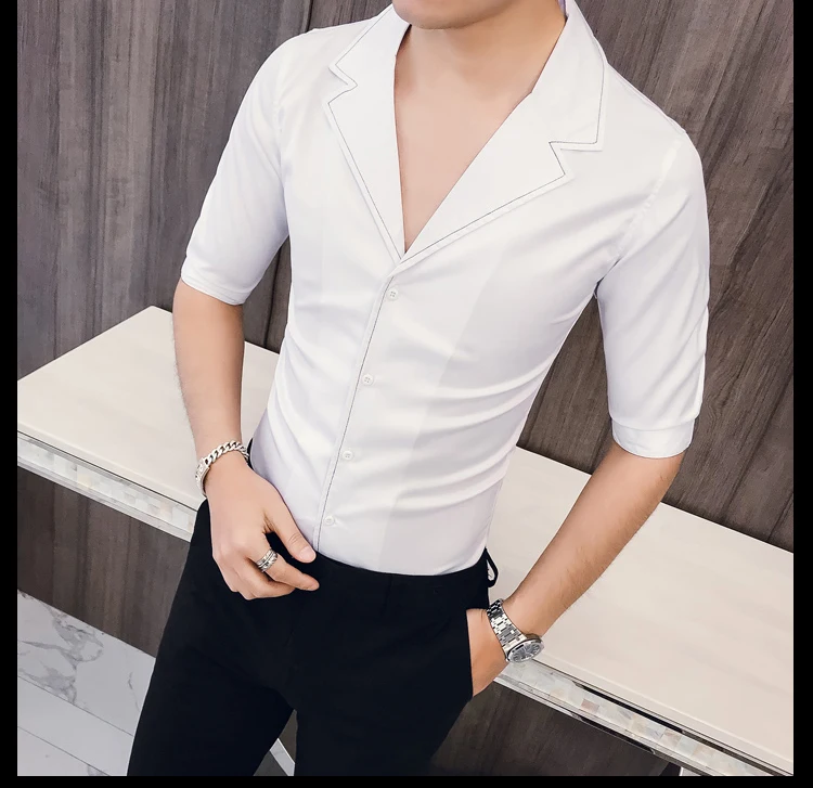 Solid Color Seven-quarter Sleeve Shirt Man Kemeja Pria Camisa Masculina Suit Collar Casual Style Half Sleeve Mens Camisa Hombre