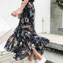 Винтажные женские юбки весна лето стиль корейский vestido длинный рыбий хвост Высокая талия шифон цветочные юбки с оборками Женские A4777